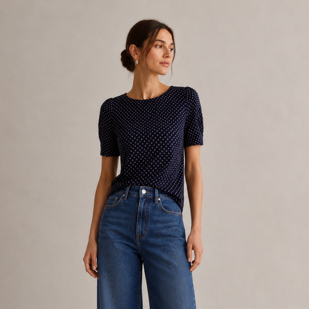 BANANA REPUBLIC - Navy Floral Print Blouse Satin | Minimalist Preppy Top